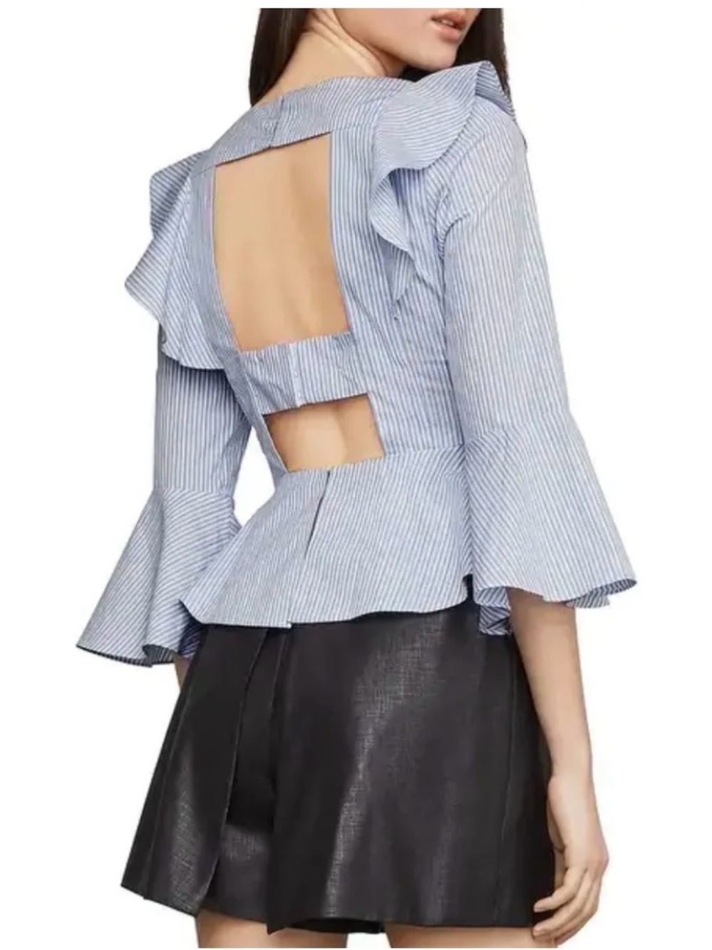 BCBGMAXAZRIA NWT Blue White Striped Ruffle Open Back Peplum Top